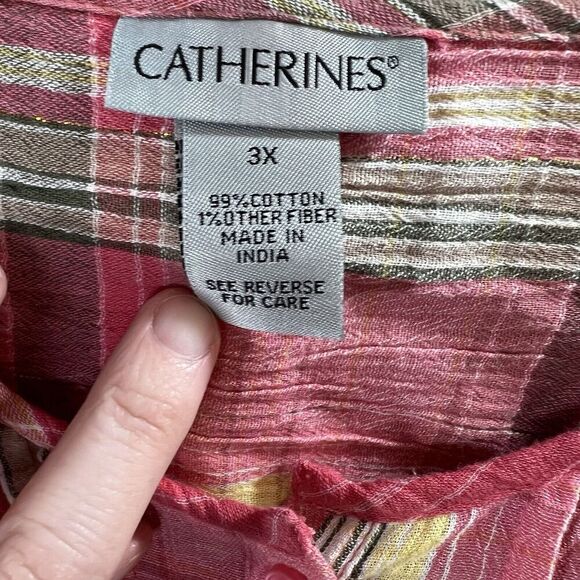 Catherine’s Women’s Plaid Blouse Size 3X Pink Multicolor Tab Sleeves Sheer Airy - Picture 3 of 7